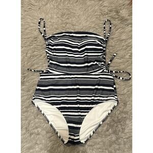 Aerie One Piece Nautical White & Blue Stripped Swimsuit XL Retro Pin-up